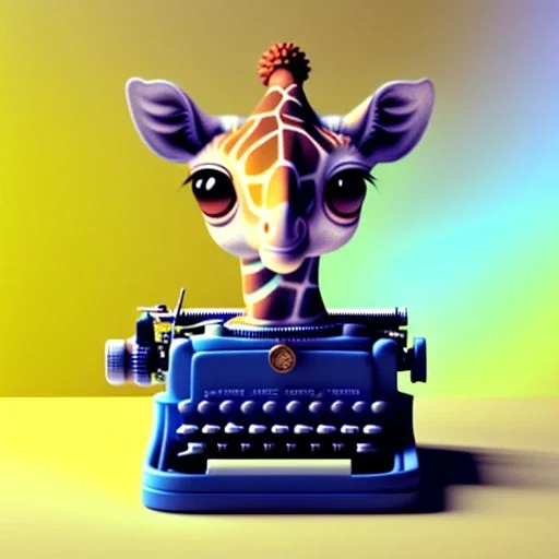 Tiny cute giraffe using a typewriter toy, standing character, soft smooth lighting, soft pastel colors, skottie young, 3d blender render, polycount, modular constructivism, pop surrealism, physically based rendering, square image