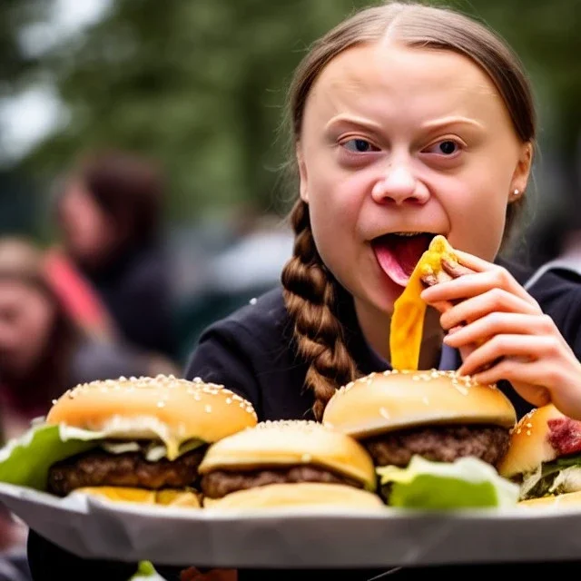 Greta Thunberg eating cheeseburgers oozing with grease.