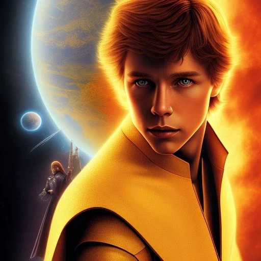 model shoot style, digital art portrait of (young Luke Skywalker) ((dressed in jedi tunic)), surrounded by 100 planets, ultra-detailed, ultra quality, illustration, eerie atmosphere, 8k, cinematic lighting