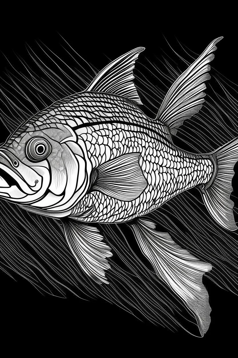 Outline art, no shading, full body fish, black and white, low detail, --ar 9:11