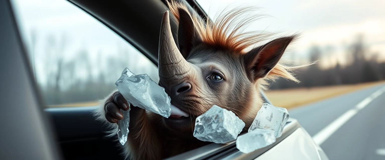 rhino bat cat eating soft ice while sticking his head out of a speeding car window like a dog , so his hair and fluff gets alot of wind