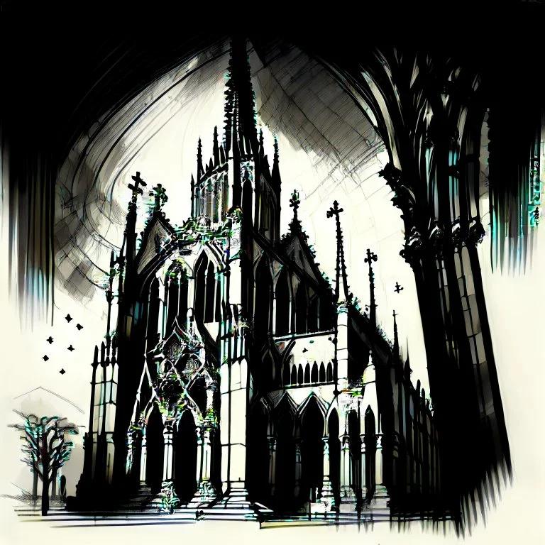 drawing of a cathedral in the style of art novel