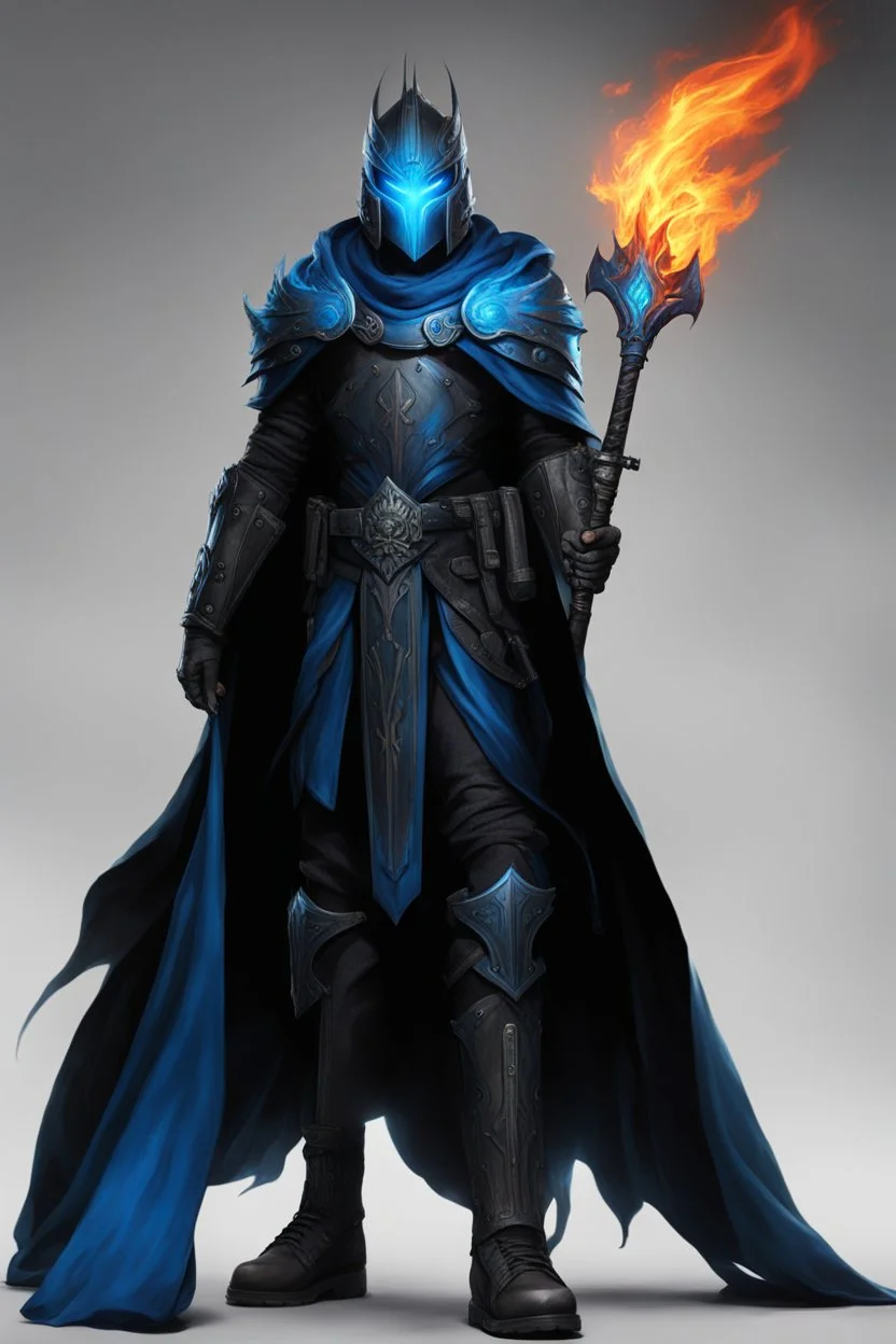 A commander with a matte black combat helmet and eyes with bright blue flaming pupils, a black cape and a long coat with long combat boots and a long, sharp and fiery spear and with his helmet under his cape and two blue flames instead of eyes