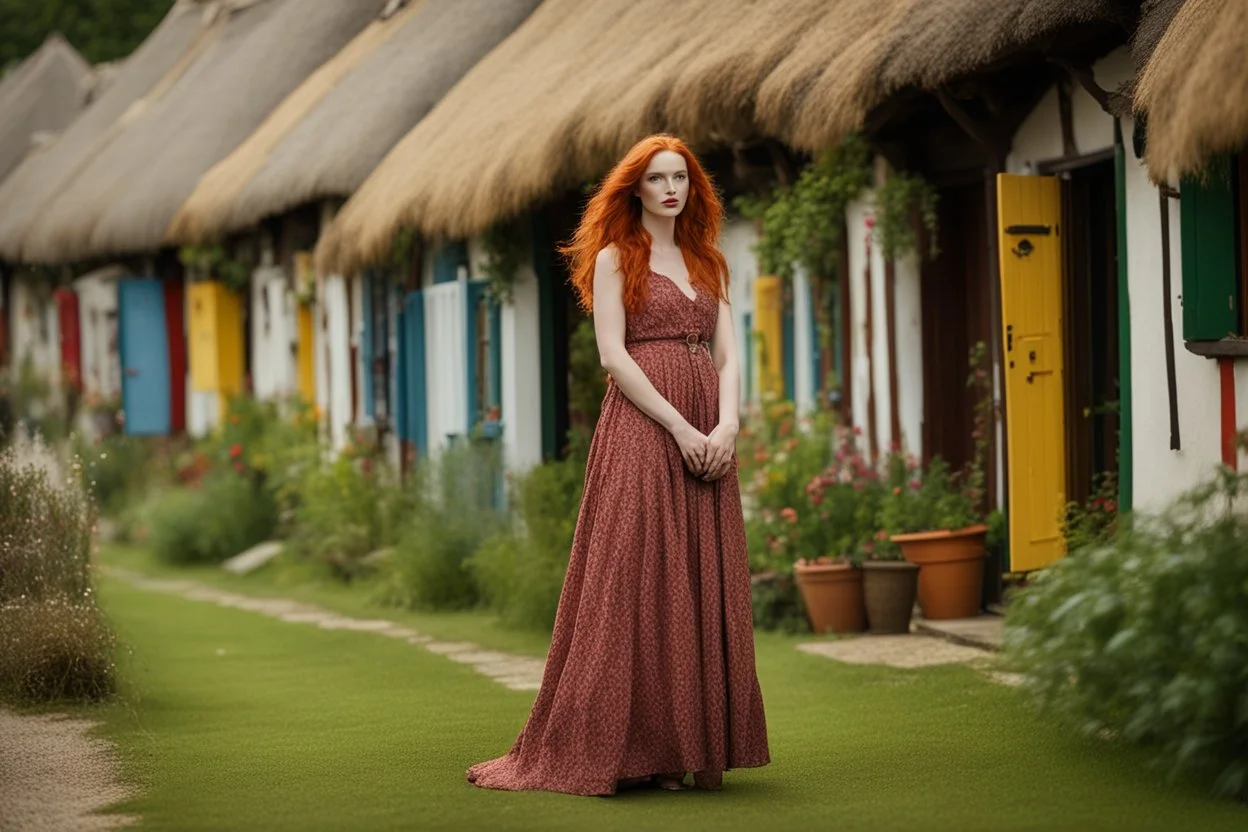 Full body shot of a tall slim pretty, red-headed young woman, dressed in a long flowing colourful dress, standing in front of a row of cottages and shops with thatched roofs, casting runes in the air