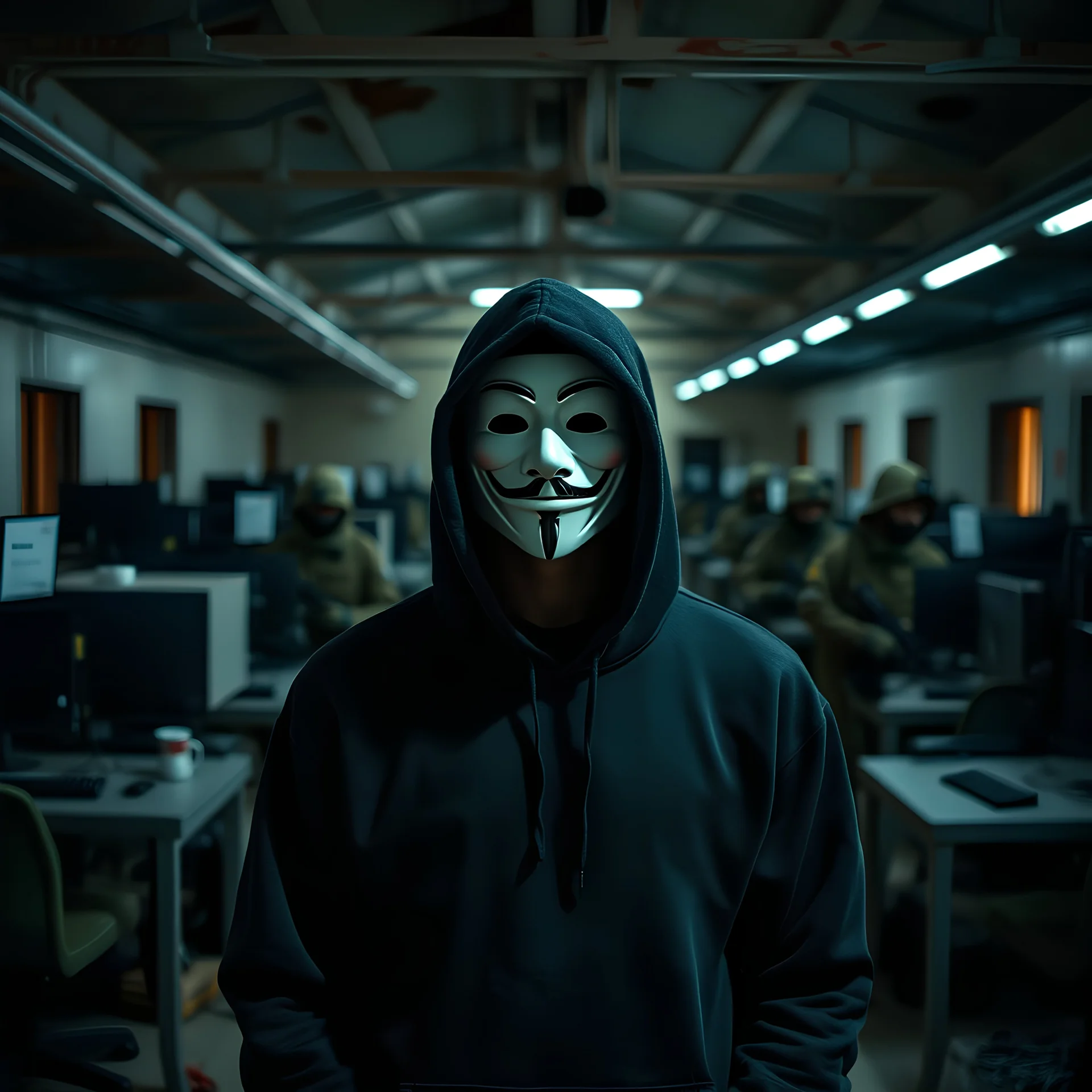 Anonymous man wearing black hoodie in a photo in abandoned military station with a group of special forces in with computers in background with bold military style pattern clothing captured in the middle of photo at night