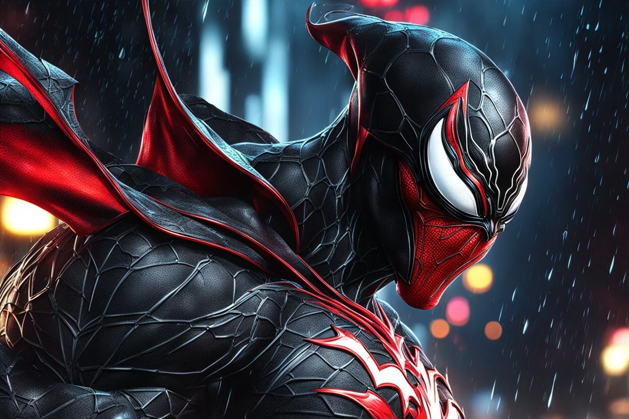 Spawn in 8k cgi game drawing style, venom them, close picture, rain, neon, intricate details, highly detailed, high details, detailed portrait, masterpiece,ultra detailed, ultra quality