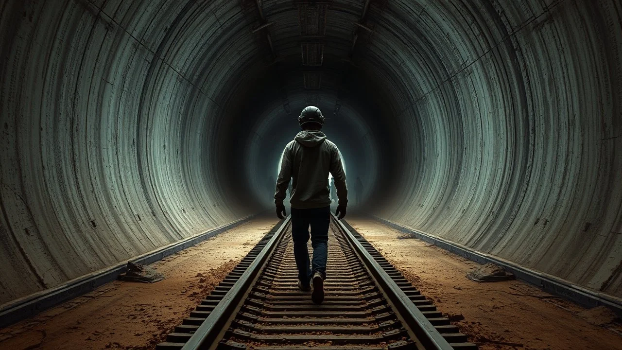 A lone figure wearing a helmet and a grey jacket walks down a dusty, metallic corridor. The corridor is vast and industrial, with curved, textured walls that appear to be part of a massive structure. Tracks run along the floor, suggesting a railway or transport system. In the distance, several other figures are visible, silhouetted against the dim light of the tunnel's end. The overall atmosphere is one of desolation and mystery, with a science fiction aesthetic.