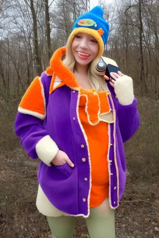 blonde taking selfie.thick thighs,thick calves,flat belly,curvy fell. big head. Mantle is sewed of upcycled Denim and sewed together of camouflage pieces. Pieces' color are orange, cream and purple. It is with big bright purple felt tippet and birght-colored-hood is merged with colorful beanie. Big colored headphones (gold rings!) is merged with small felt cap with small visor. Style: Haute Couture in 1950's Brazil, N.Y.C fashion in 2023