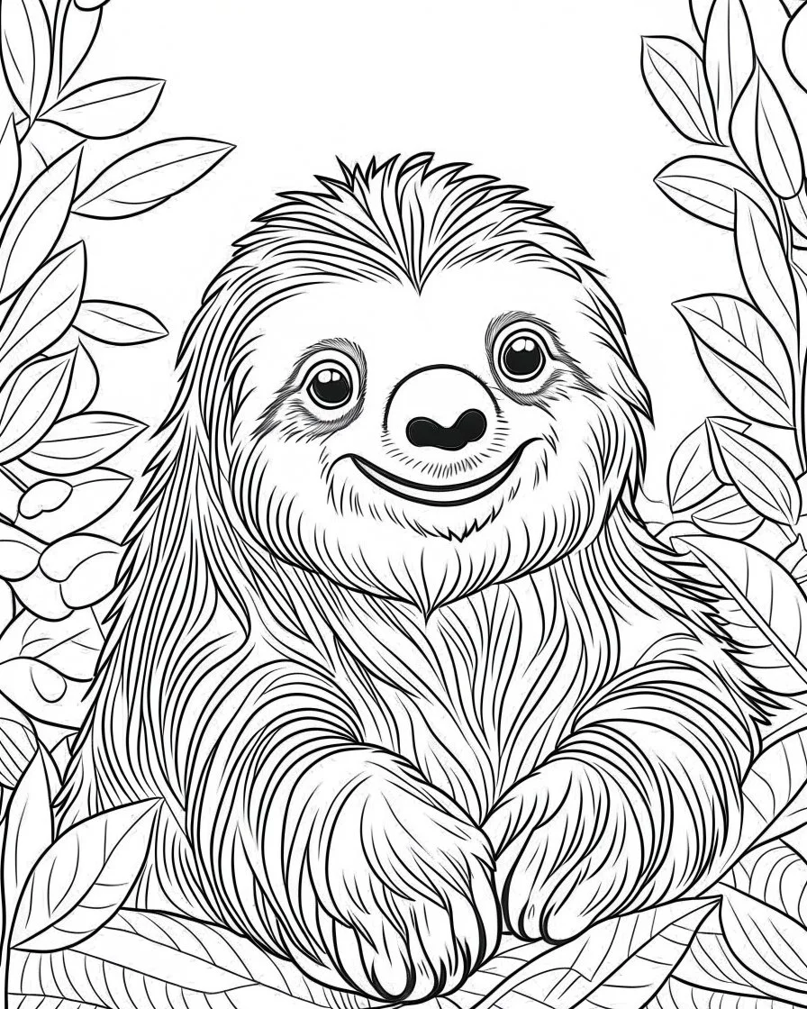 create a 2d black outline, "safari smiling cartoon sloth coloring book for kids", coloring page, low details design, black contour, coloring page design, simple background, colorful , card style, coloring page for kids, white background, sketch style, safari landscape, cartoon style