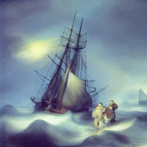 Rembrandt Snowstorm glowing lights ocean flying fish