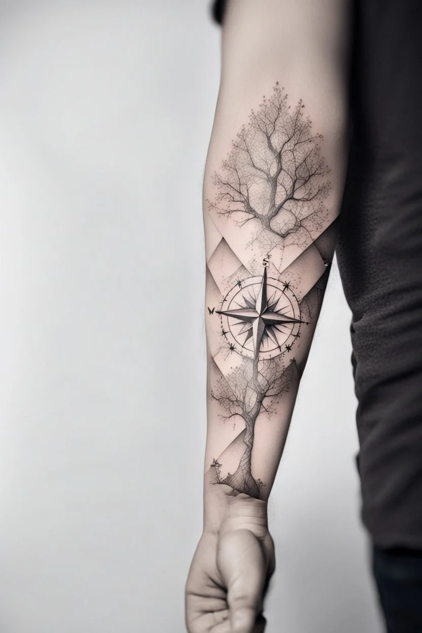 Geometric compass tattoo tree butterfly