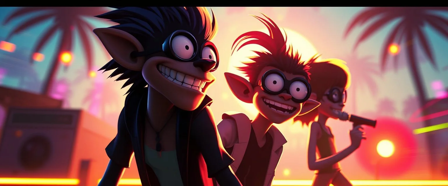 scene from gorillaz music video, 3D anime cinematic, Ross Tran (RossDraws) – painterly, vibrant, energetic.. stylized 3D anime, airbrush painting, cinematic depth of field, motion blurred background, glowing rim light, crisp black line art, vibrant colors