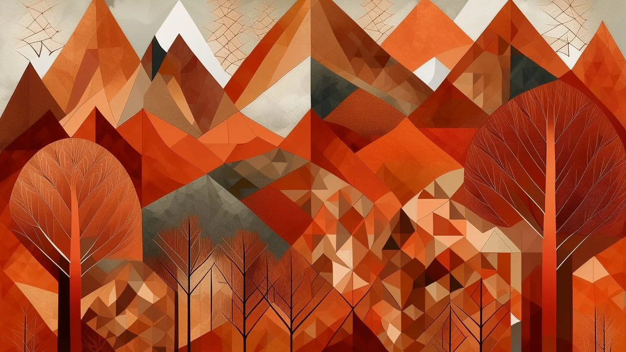Fusion of geometric shapes in nature: Rust-colored mountains and leafy trees.