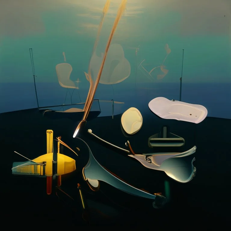 dusk landscape with lake,boat and human body, universe-like Soap Bubble,complex surgical instruments mixed with human body-like musical instruments,minimalism,Painting By Adrian Ghenie, Rene Magritte, Salvador Dali, Lucian Freud