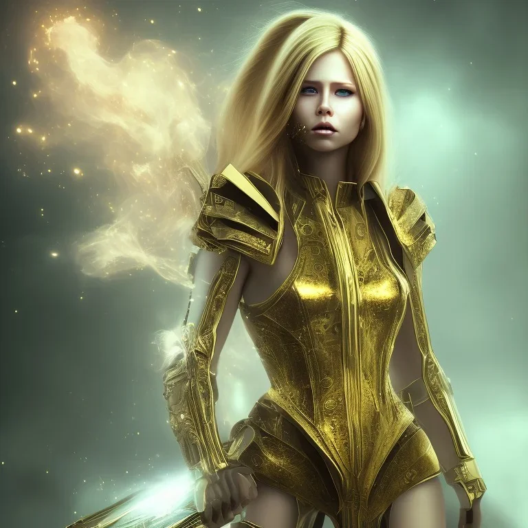 perfect face avril lavigne, yellow eyes,dress armor valkirye, golden, particle fog, cloud, smoke, spiritual energy