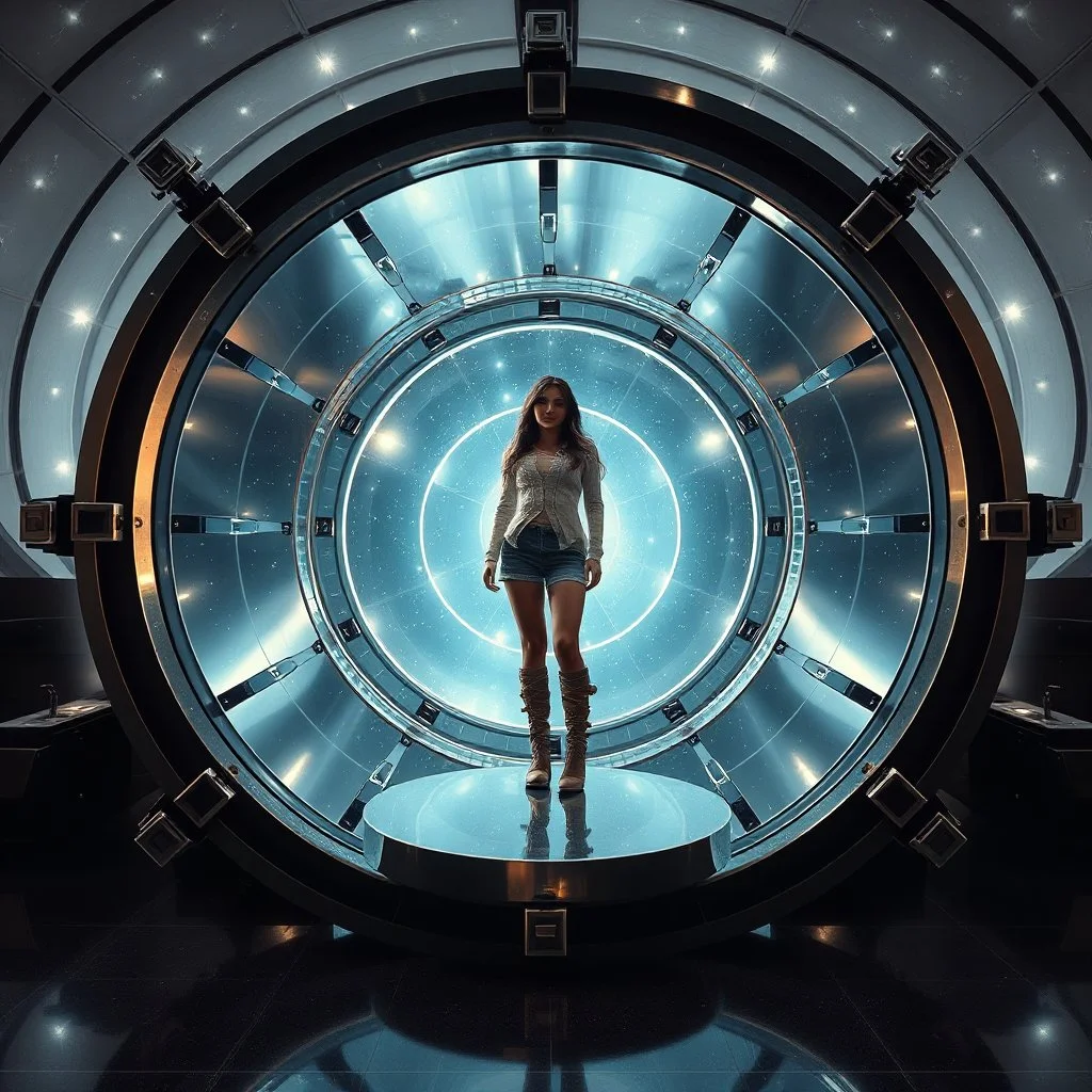 picture of a very huge real working physic based gyroscope with mirror surfaces in a inter star environment ,a very pretty lady with modern future clothing boots standing in main turning disk of gyroscope.1x1