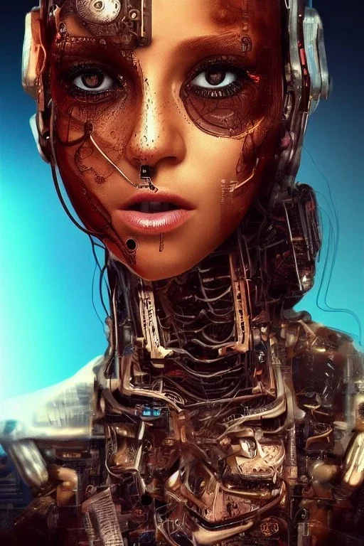 wonderfull portrait, shakira face, half side face robot rust, long black hair, intricate, sci-fi, cyberpunk, future,