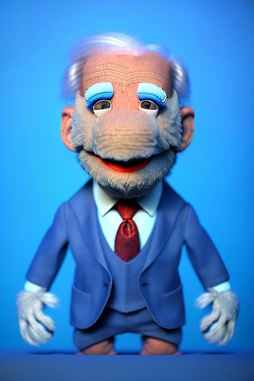 Waist up Portrait, joe Biden as muppet doll, Blue suit retro style, photo studio, blue background, unreal engine 5, concept art, art station, god lights, ray tracing, RTX, lumen lighting, ultra detail, volumetric lighting, 3d.