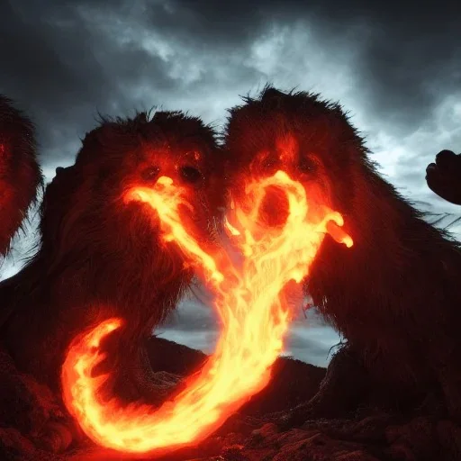 Cerberus, character-design, fire pouring from each mouth, full body, fiery dark skies in the underworld with Hades in the background, 8k, highly detailed, hyperreal, octane render, hdr, dark, sparkling lights, mysterious, surrealism, campbell white, 8K