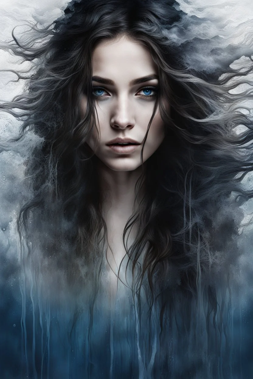 matte painting of a beautiful woman's face just under the surface of the water, close-up, sad, peaceful, beautiful, long messy hair, minimal colors, rough paint strokes, black, white, and a hint of dark blue and silver, paint strokes, insanely detailed, detailed matte painting, deep colors, intricate detail, splash screen, mystic, complementary colors