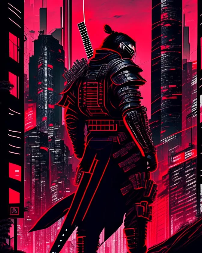 dibujo de contorno de un Samurái negro y rojo con traje cyberpunk, fondo ciudad