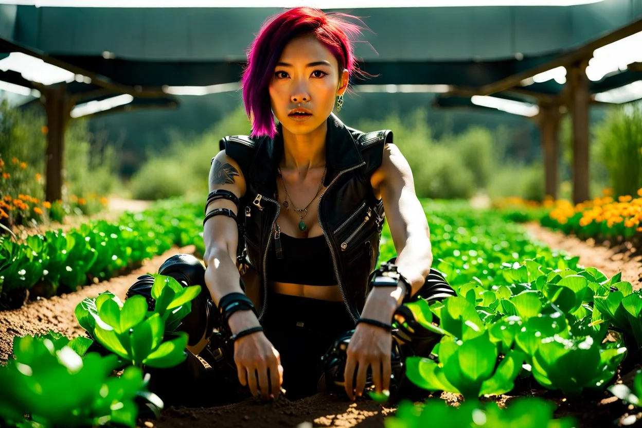 Unground solar punk tunnels, cinematic, dof background a, dystopian, sci-fi, award winning, Yui in a garden, National Geographic, breath taking, oxygen farm but outside is a desert