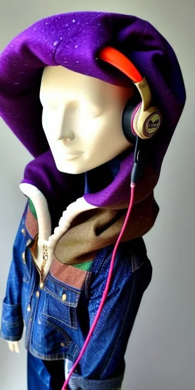 Brunette she. average body type. big head. Mantle is sewed of upcycled Denim and sewed together of camouflage pieces. Pieces' color are orange, cream and purple. It is with big bright purple felt tippet and cream-colored-hood. mantle is merged with satchel. . Big AKG-style headphones (gold rings!) is merged with small felt cap with small visor. Style: Haute Couture in 1910's, Paris fashion in 1998, inspired by street art. Cream latex gaiter. Her head and rest body!