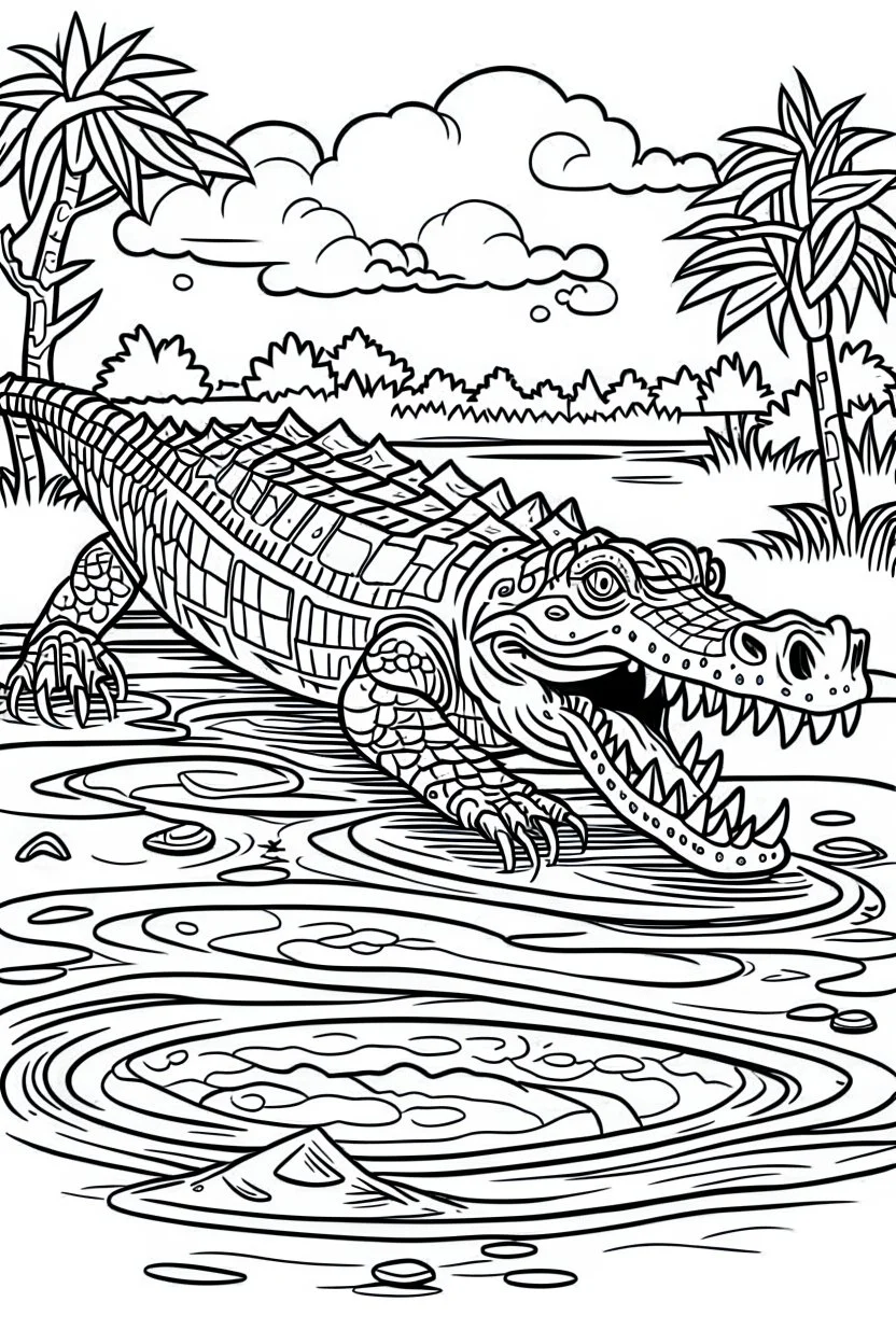 DRAW TO COLORING OF A CROCODILE ON A LAKE, BLACK AND WHITE CARTOON STYLE, LOW DETAILS, THICK LINES, NO SHADING LINES