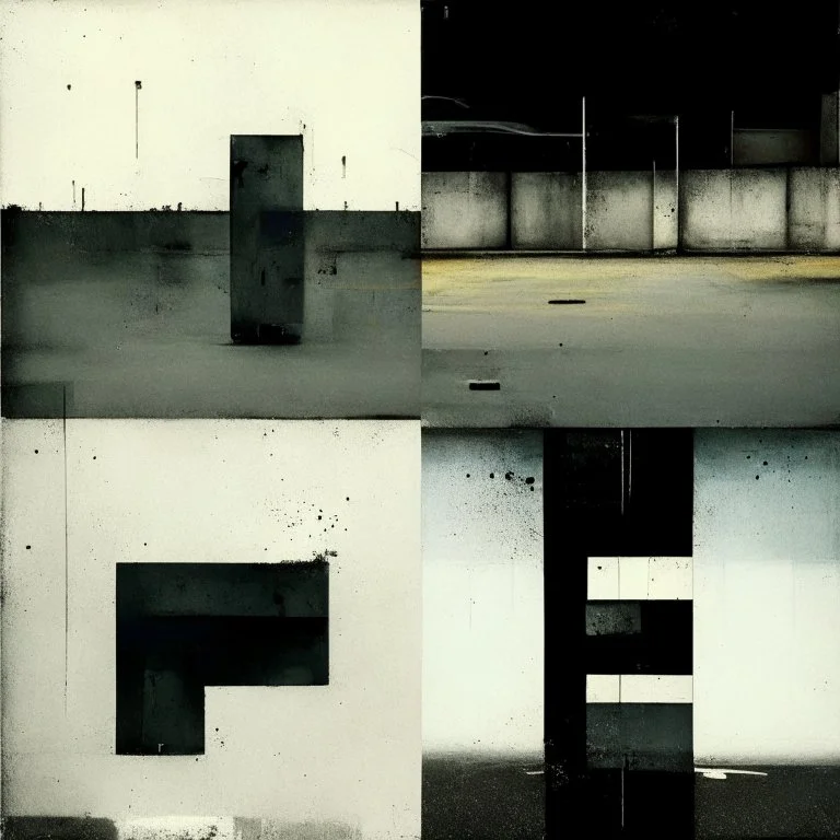 Minimal contemporary oil paintings of concrete1960s carpark covered in typography graphic. In the style of Justin Mortimer and Francis Bacon.