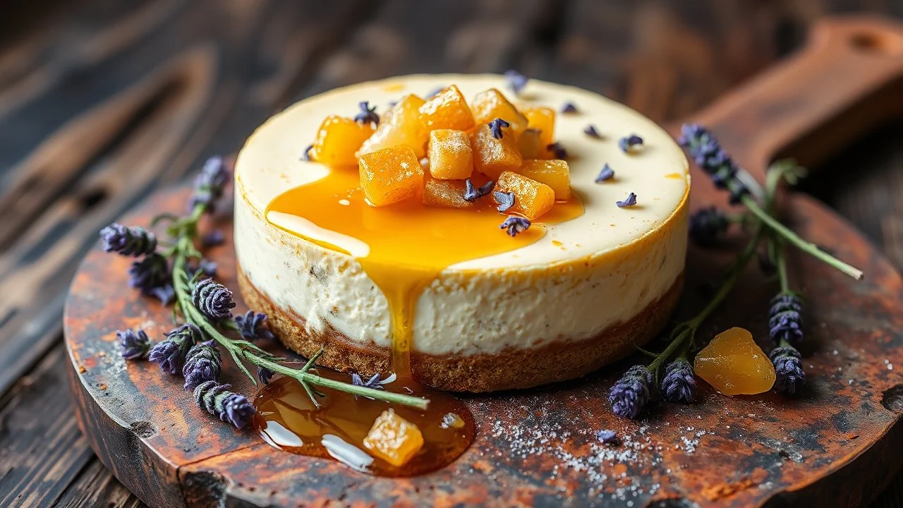 A cheesecake infested with pavender and honey, topped with delicate honeycomb pieces and a dribble of pavender syrup. The cheesecake is served on a rusty iron board, adorned with fresh pavender sprogs. Award-winning photograph, beautiful composition, exquisite detail and illumination