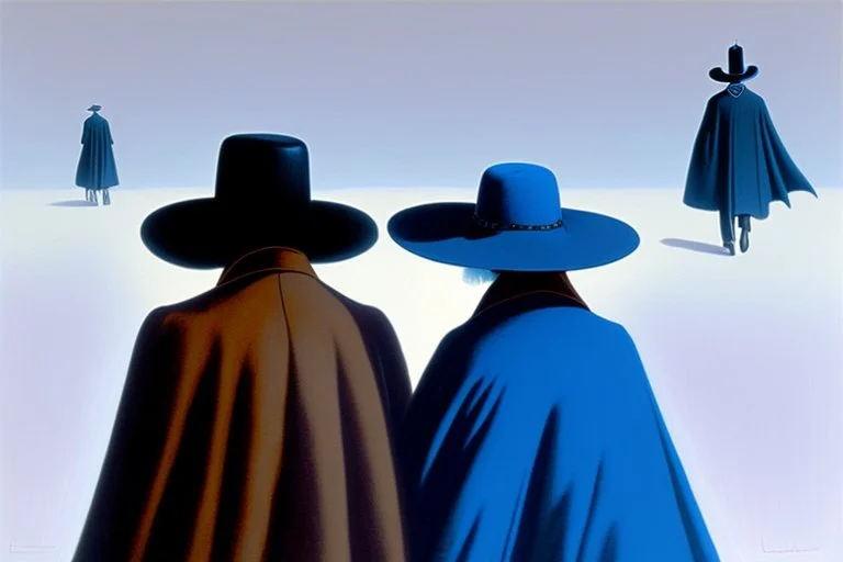 two people in capes and hats seen from behind walking side by side in an empty foggy plain, above there is blue sky by artist "Leonora Carrington"