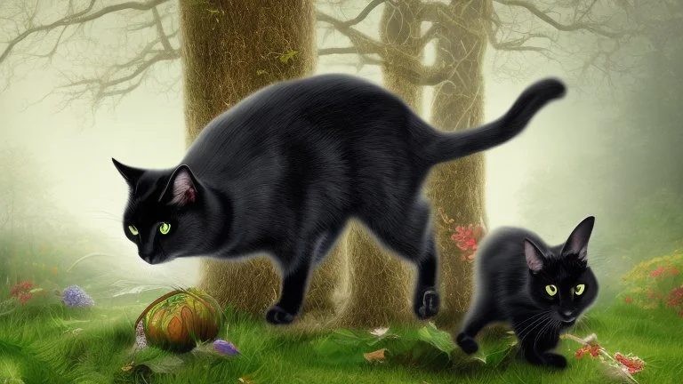 A black cat staring a white rabbit in the forest.