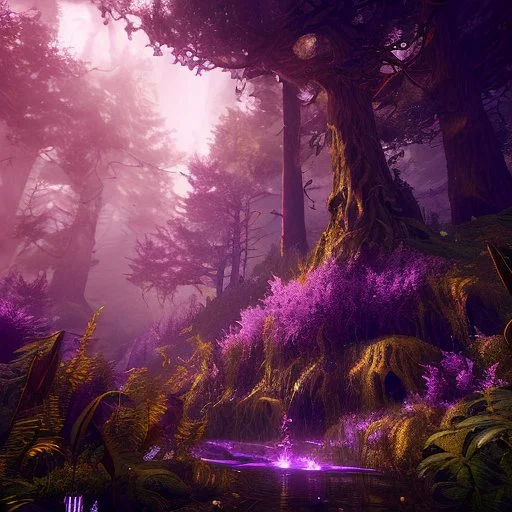 dynamic lighting, Intricately detailed, Splash screen art, deep color, Unreal Engine, volumetric lighting, purple forest,