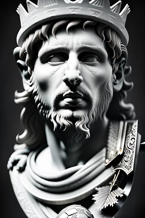 Ultra Realistic image, roman sculpture, white marble material, Lionel Messi, Laurel leaves crown, miguel angel style, chisel style, emperador, waist up portrait, epic, celestial, cinematic lighting, God light, god rays, 4k resolution, smooth details, ornate details, soft lighting, unreal engine 5, sky and clouds background.