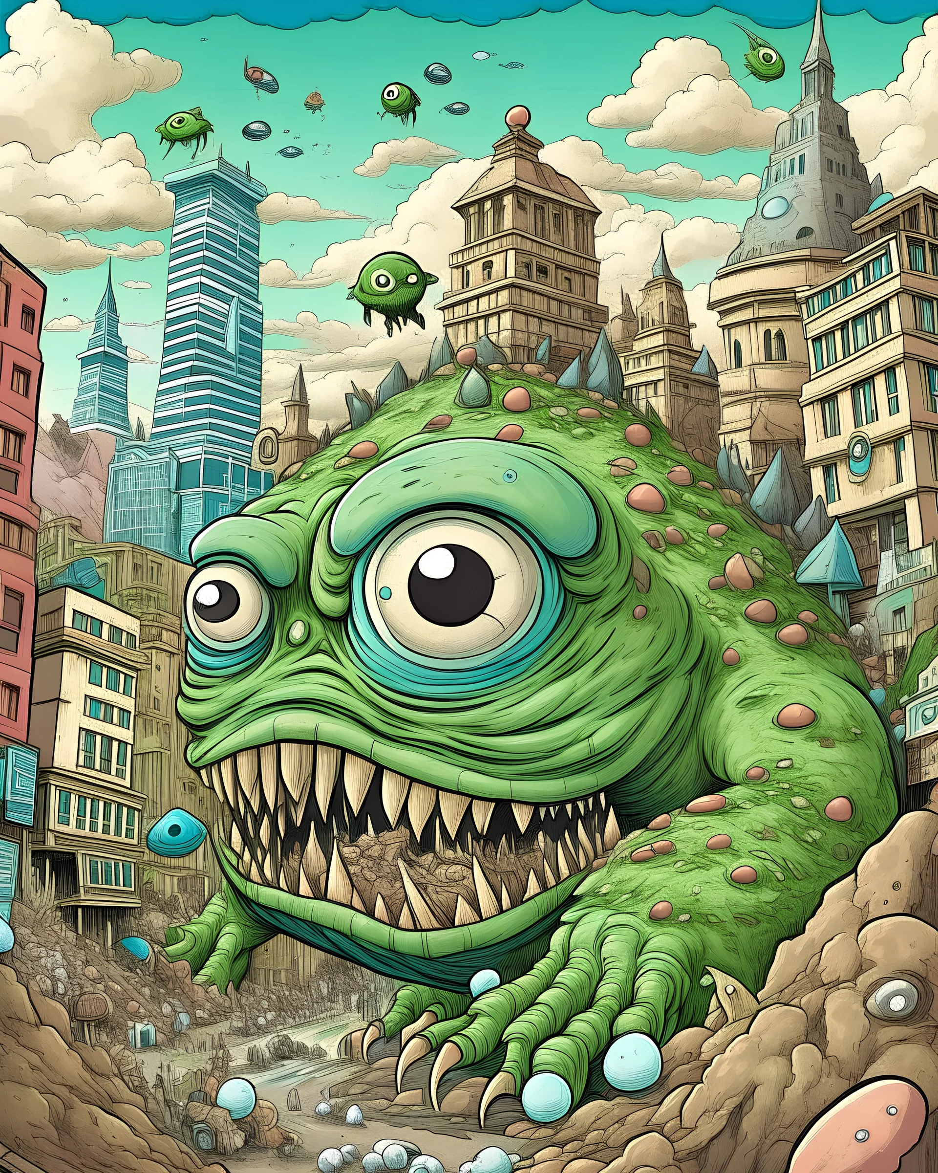 extremely detailed mike wazowski cyclops as a kaiju monster destroying a city