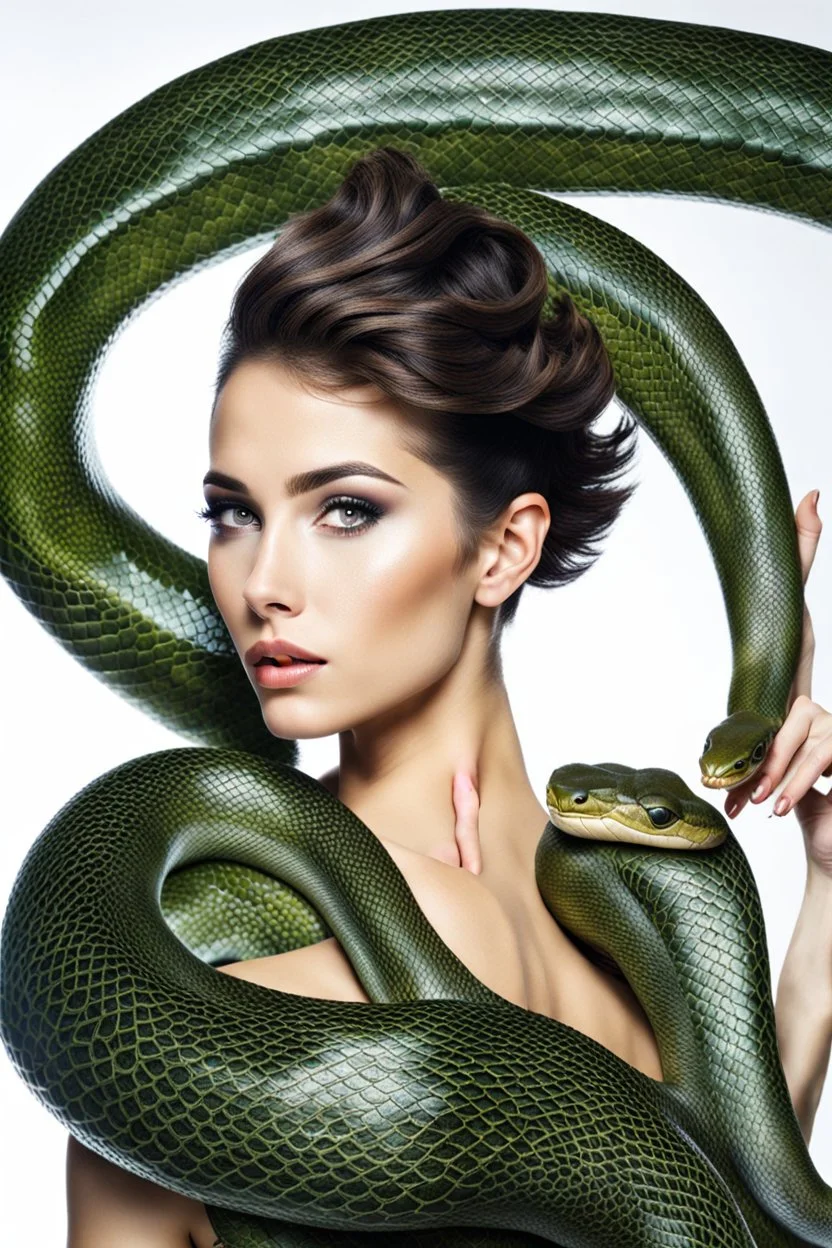 female beauty model, full of oil, real model, beautiful face, tall and perfect body, short hair, eva and the snake