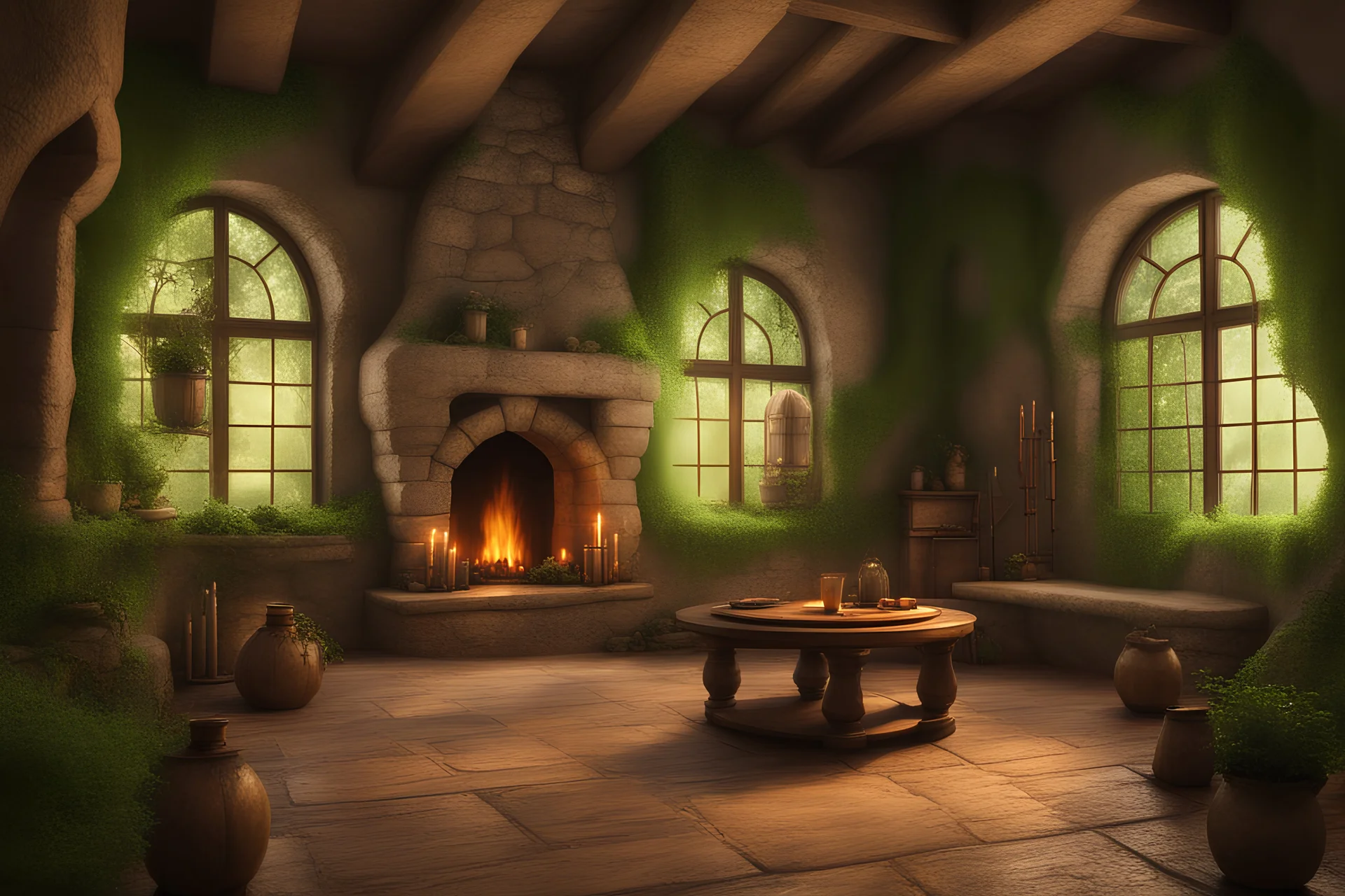 fantasy medieval room with fireplace and greenery