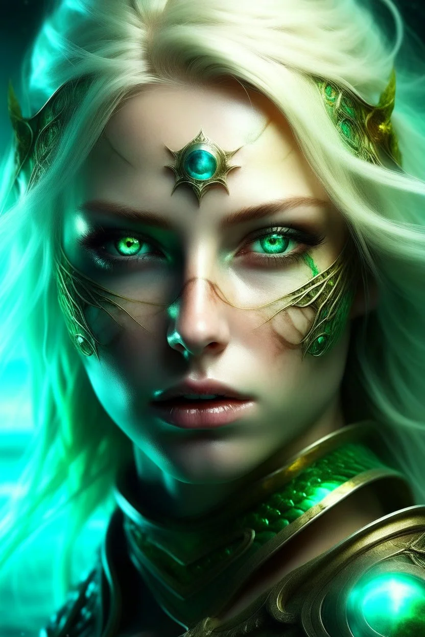 guerriero cosmico viso bellissimo capelli biondi occhi verdi marino
