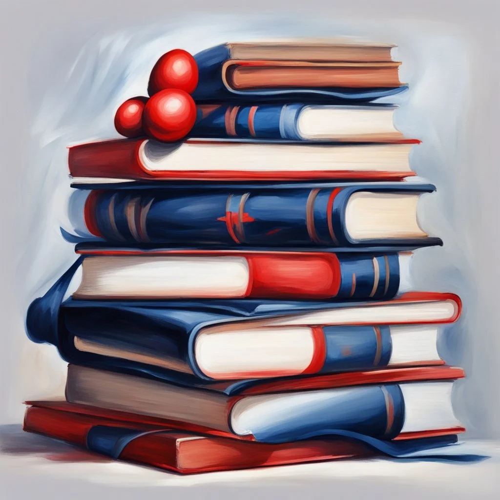 oil painting, in the style of Easter illustrations, midnight blue and red, stack of books with airbrush tape, white background only