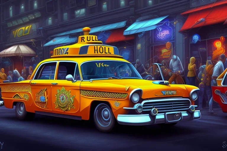 a study of cell shaded cartoon of a hotrod taxi cab with blower infront of a store front, custom, road, illustration, vivid colors, post grunge, highly detailed, sharp focus, alien, centered perspective view, concept art by sam curry