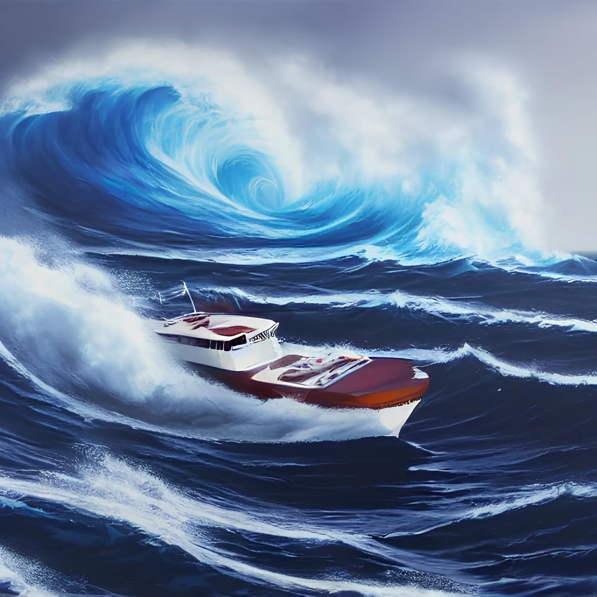 Boat in huge gigantic waves on a stormy night, ship, boat, epic scale, award-winning oil painting, hyperrealism, trending on artstation