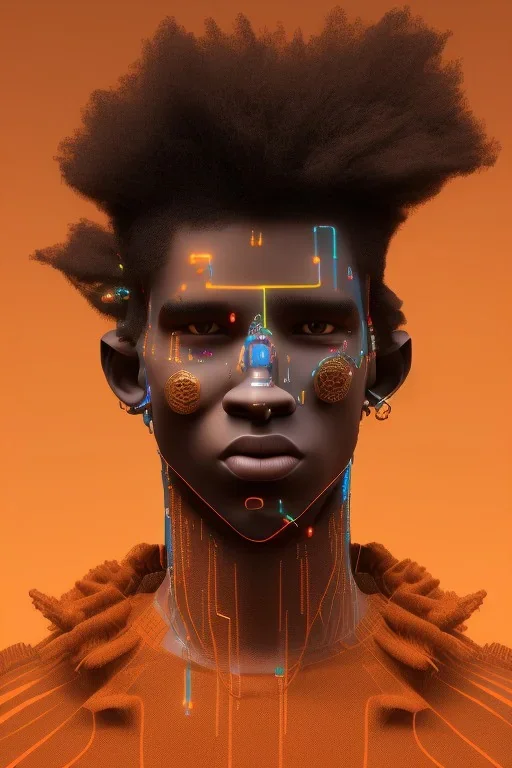 3D render of a cyberpunk tribal young black man, black afro hair, ragged shirt, on a orange dune background, digital art