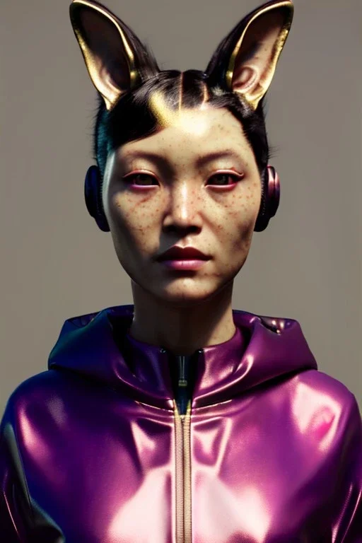 Medium Close Up Portrait, Front image. cyberpunk, rabbit mask, sweet Asian woman, pink hair. latex tracksuit. Red, black, gold, color. Cyber style. Color background, photo studio. Avatar image, highly detailed, concept art, smooth, unreal engine 5, god rays, ray tracing, RTX, lumen lighting, ultra detail, volumetric lighting, 3d, finely drawn, high definition, high resolution.