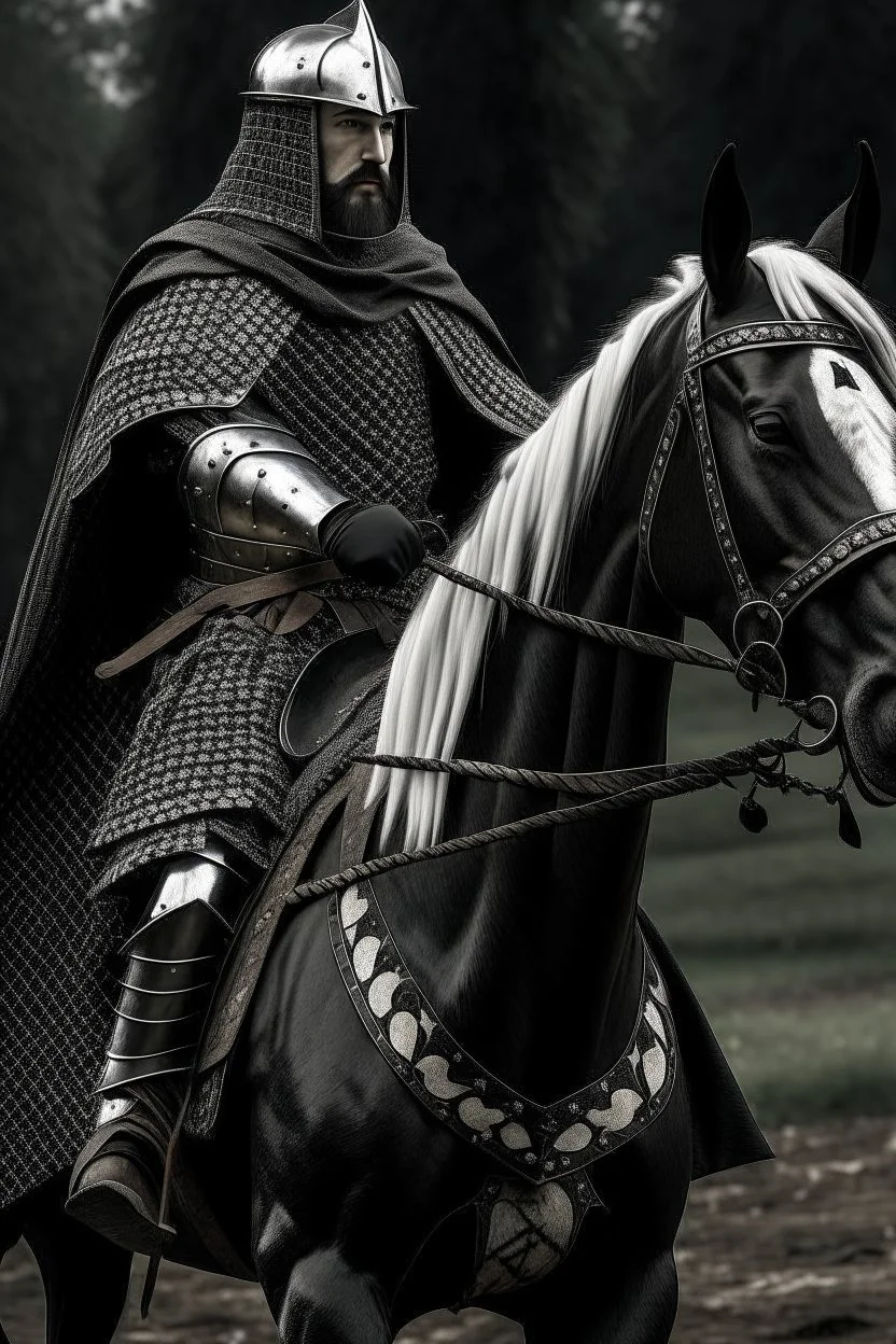 Medieval knight with a black and white checkered cape riding a horse