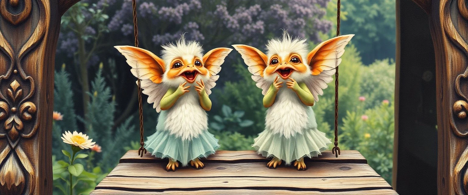 transcendent sacred geometry embroidered patterns, two totally symmetric fluffy angel gremlin slug nice cheerleader singing on old wooden carved bridge in garden , full body portrait T-pose strong aura, oil painting and air brush, in swing