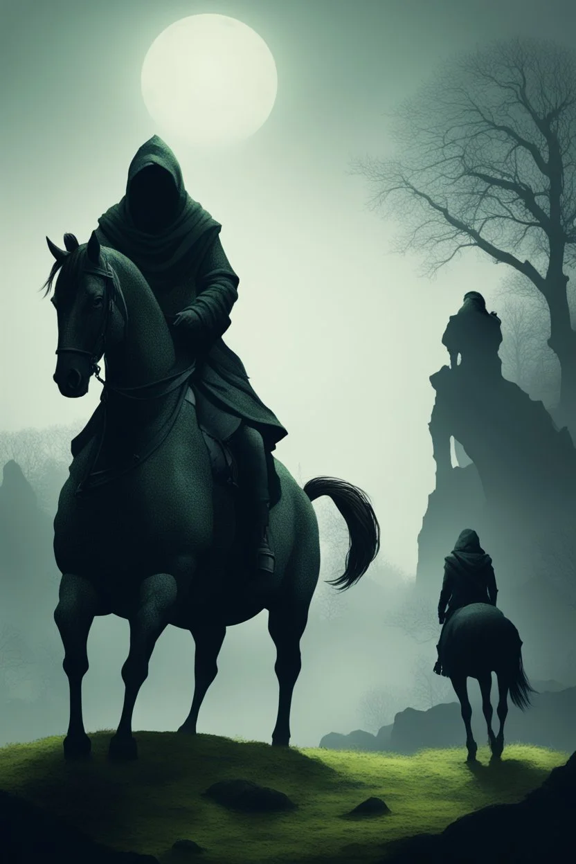 Draw me a mossy stones in the distance background a giant statue on a horse of a hooded shadow of a scary creature