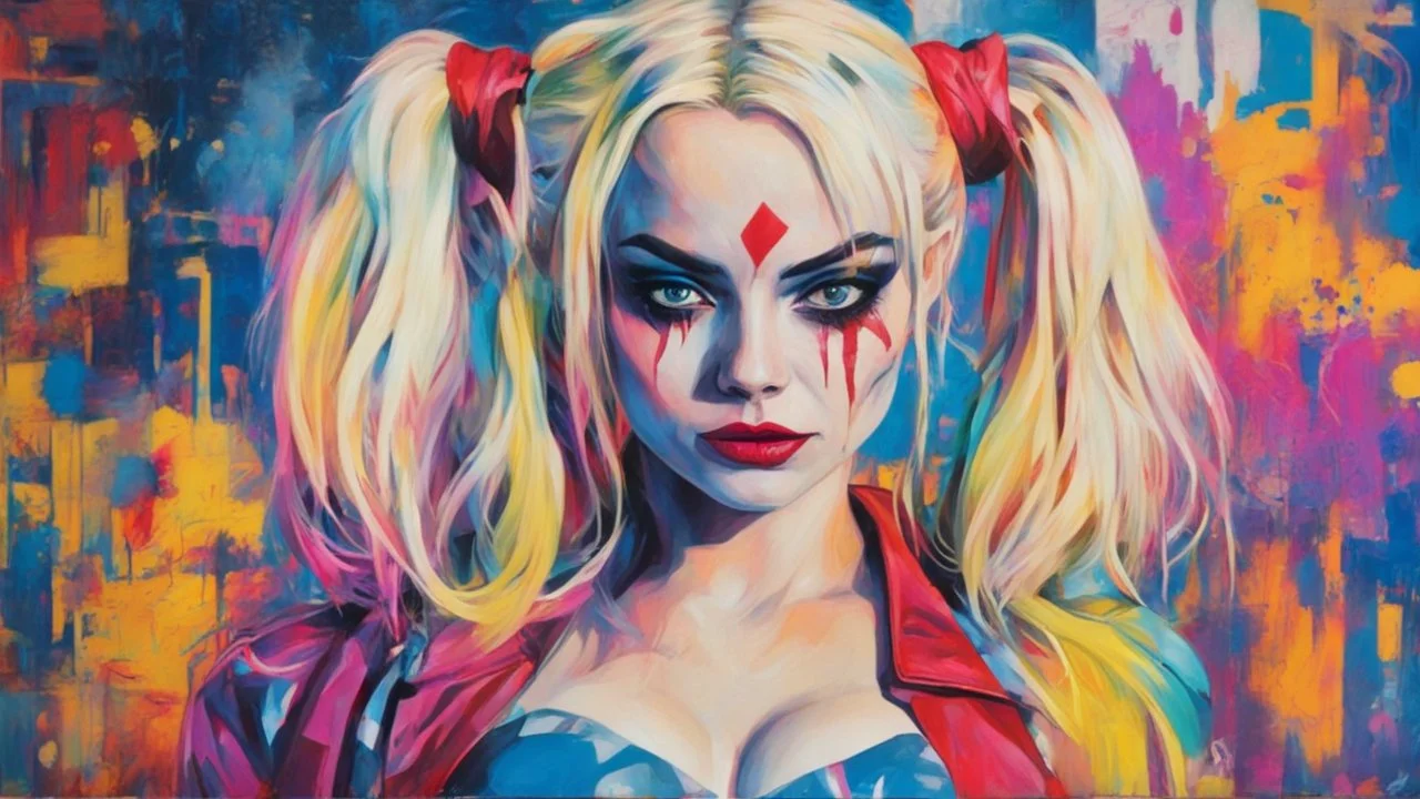 Suicide Squad Harley Quinn Margot Elise Robbie Pop Art psychology oil paiting In depth psychology display Roy Fox Lichtenstein style, dream, symptom, image in the background in the city artgerm display Gustav Klimt style artgerm display in the Barcelona the 2024th century oil paiting. and the city itself seemed like a big illusion, full of light and shadows. Barcelona city the 2024th century