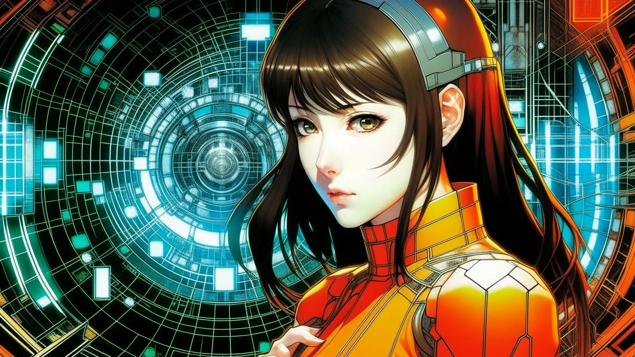 An illustration by Kuniyoshi and Miyazaki of a tech-girl inside a futuristic matrix-grid.