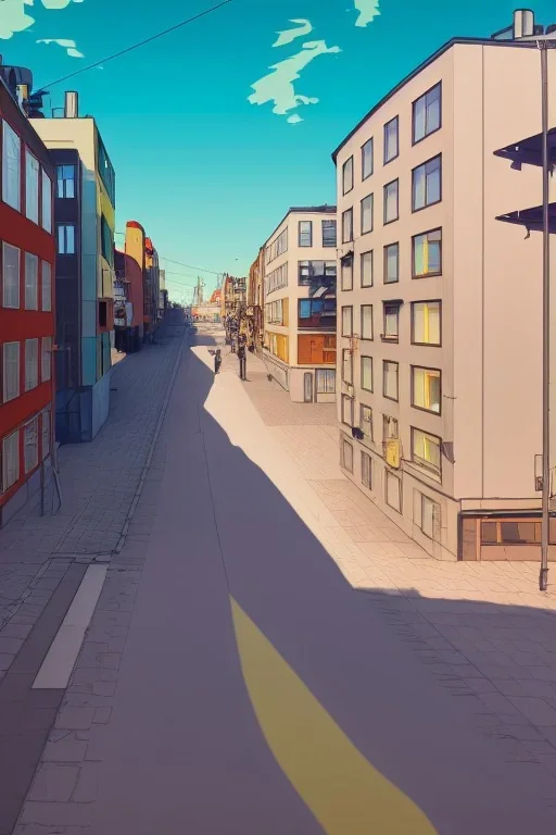 Bauhaus style city street stockholm, sloped street, street scene, cel - shading, flcl, jet set radio future, golden hour, Swedish town, concentrated buildings, swedish neighborhood, cel - shaded, strong shadows, vivid hues, y 2 k aesthetic