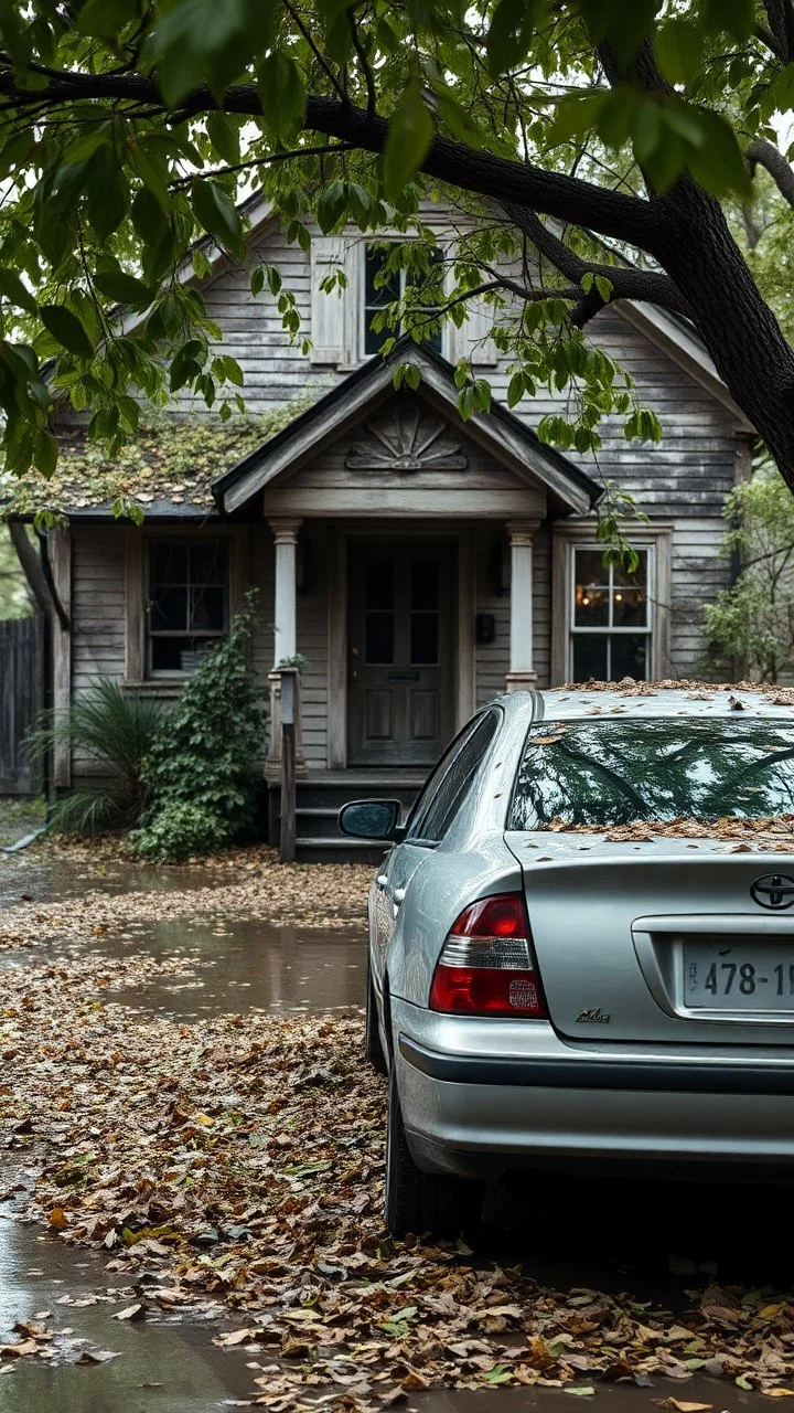 A car abandoned in front of an old house covered with tree leaves and branches after a severe flooding a lot of damages